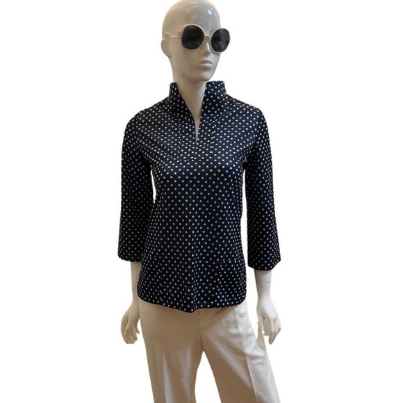 Vintage Tops - Vintage Handmade 1970s Navy Polka Dot Slit Neck 2 Pocket Popover Blouse